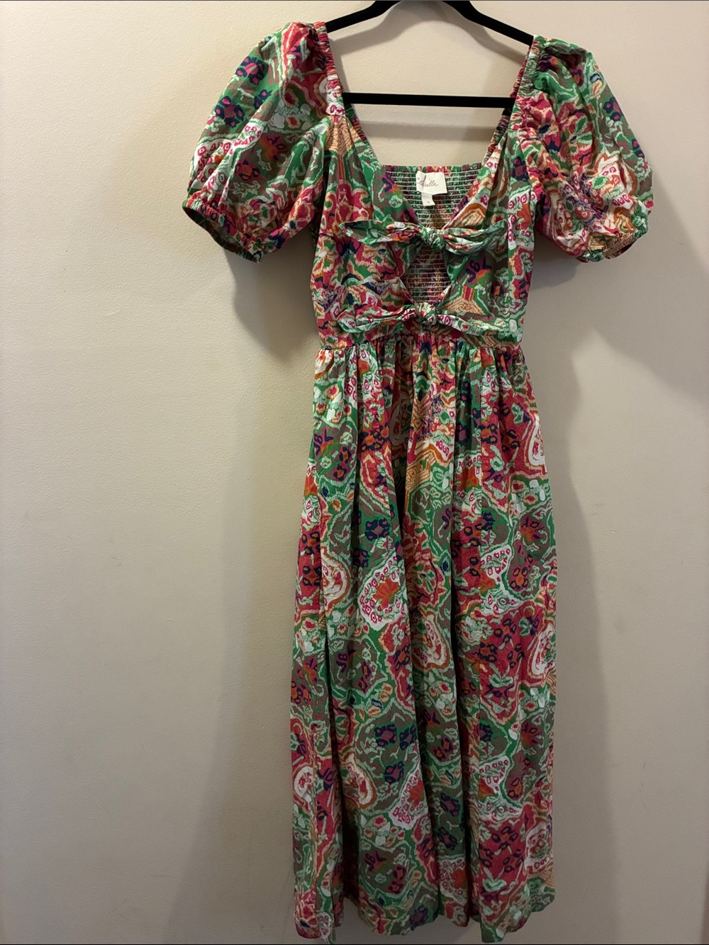 Cleobella organic cotton Puff-Sleeve Midi Dress in Green and Pink - small
